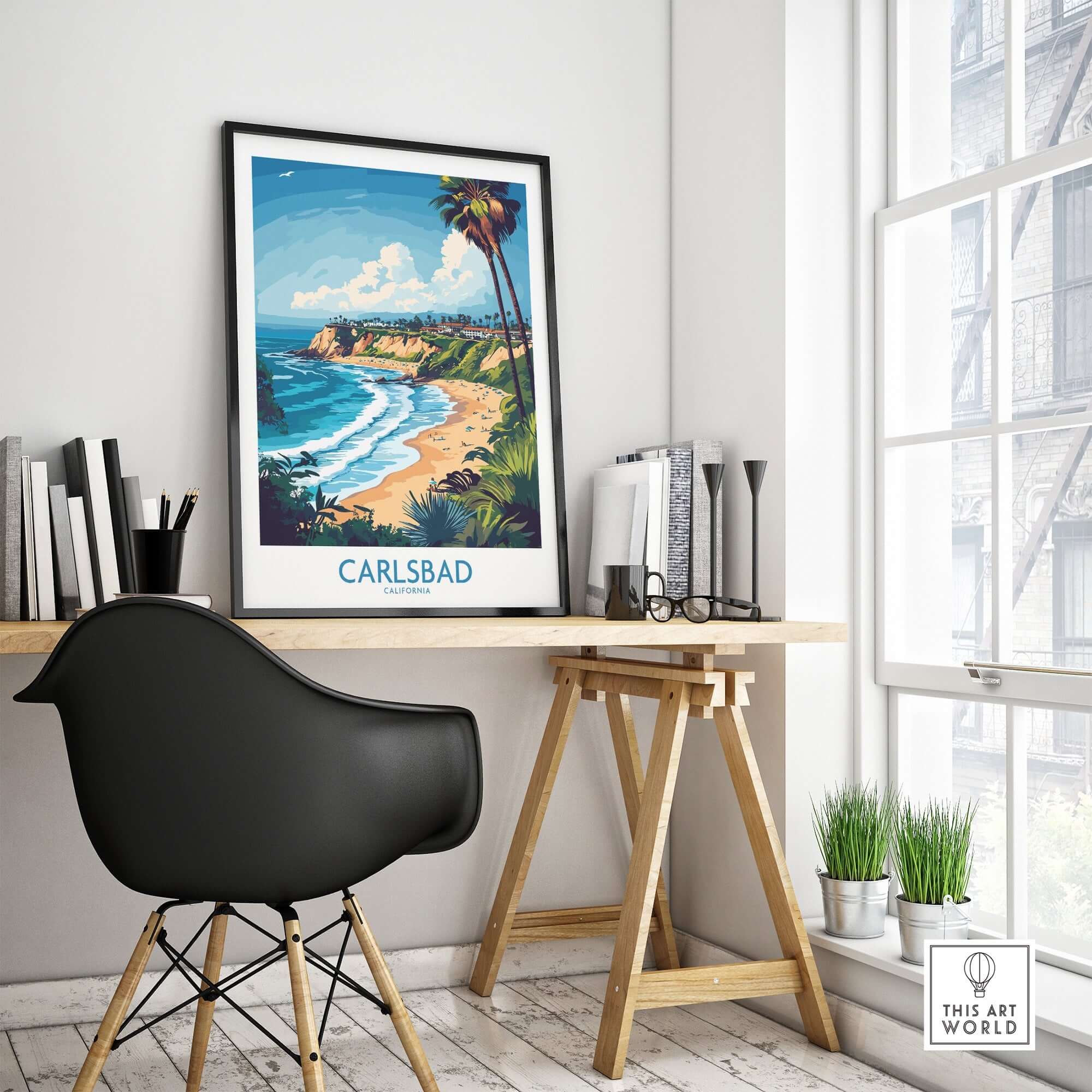 Carlsbad Poster California displayed in a bright room with a desk and plants, showcasing the beauty of Carlsbad.