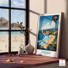 Carlsbad Poster California showcasing a stunning beach scene with palm trees in a sunlit room.