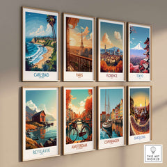Carlsbad Poster California showcased among other vibrant travel art prints on a wall.
