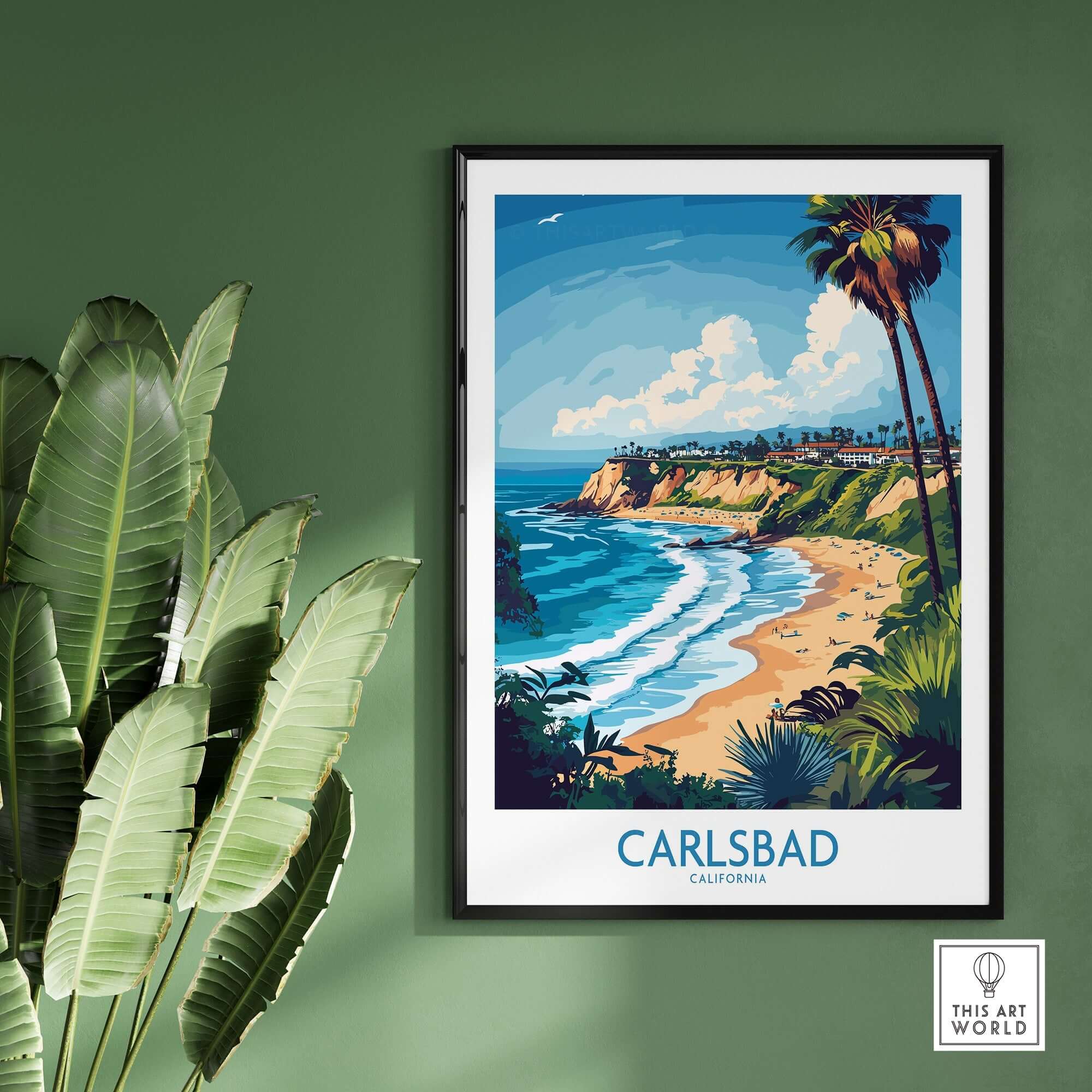 Carlsbad Poster California showcasing a beach scene with palm trees and vibrant colors.
