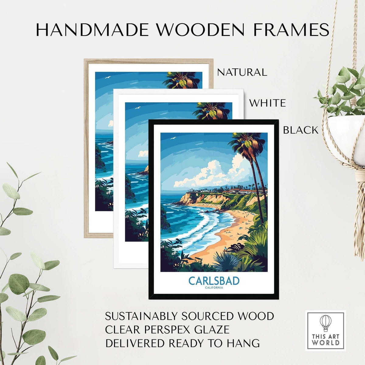 Carlsbad Poster California in handmade wooden frames in natural, white, and black colors.