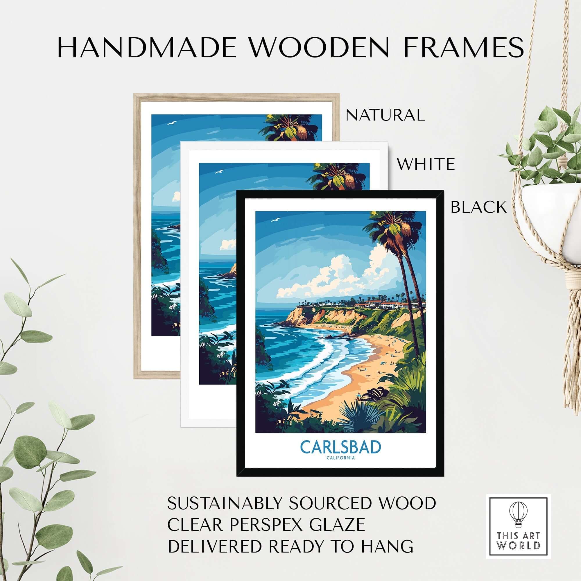 Carlsbad Poster California in handmade wooden frames in natural, white, and black colors.