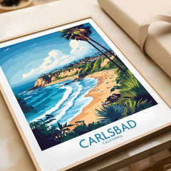 Carlsbad Poster California featuring a vibrant beach scene with palm trees and blue ocean waves.