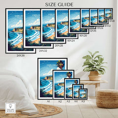 Carlsbad Print California size guide showcasing various frame sizes and stunning coastal scenery.