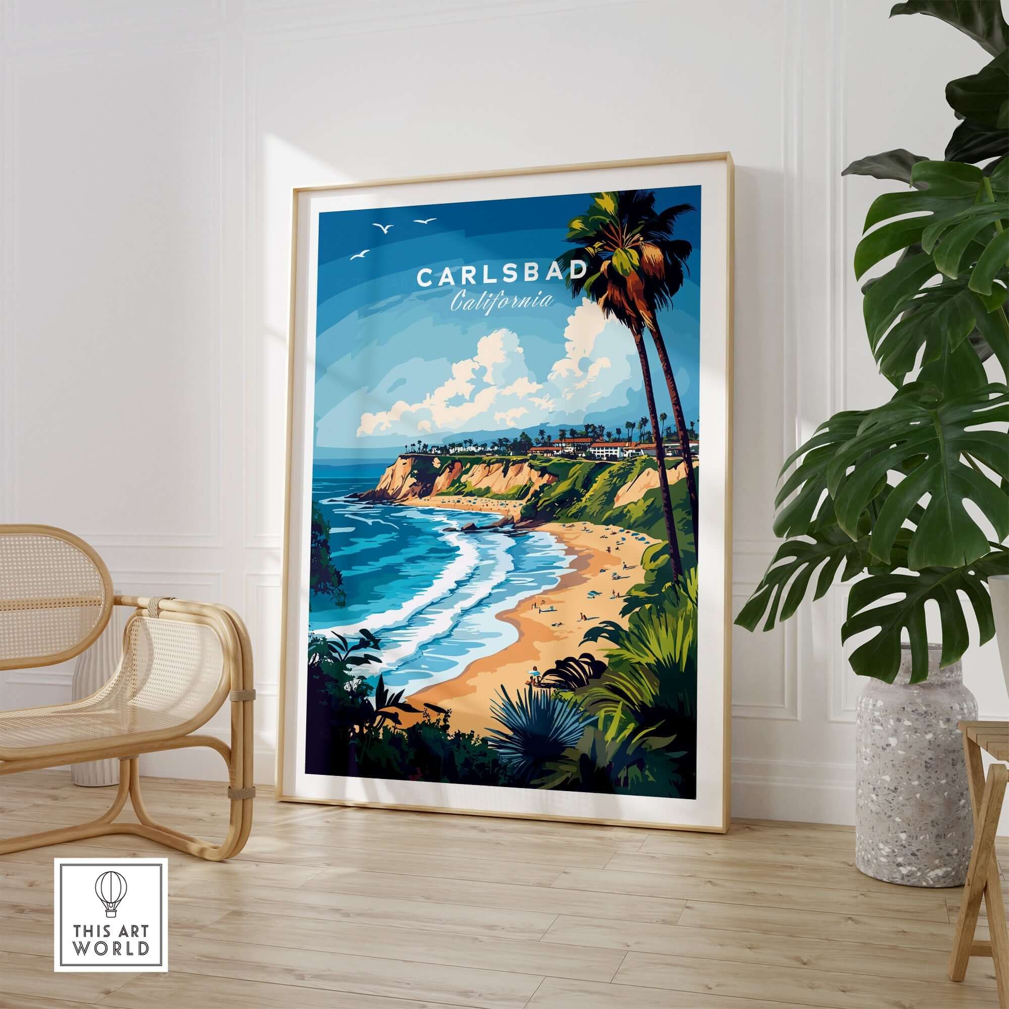 Carlsbad Print California showcasing scenic views of the coastline in a stylish living room setting.