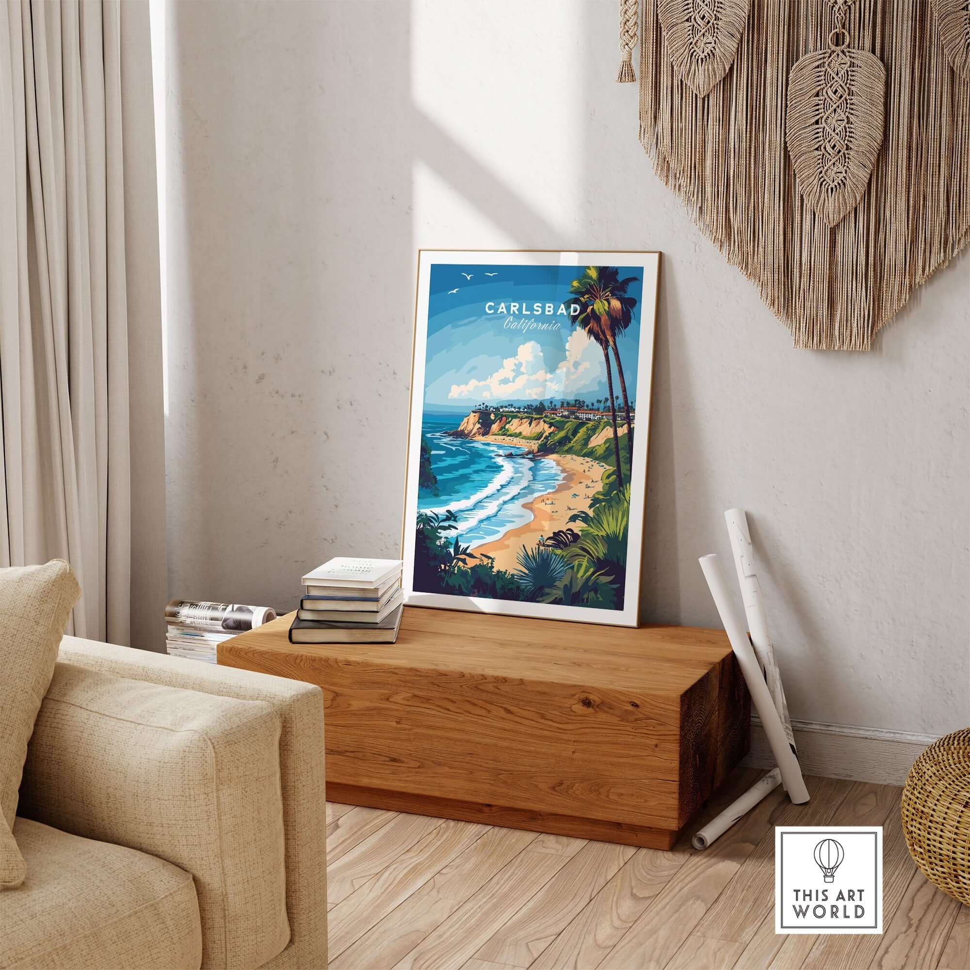 Carlsbad Print California showcasing the beautiful Carlsbad coastline in a stylish home setting.