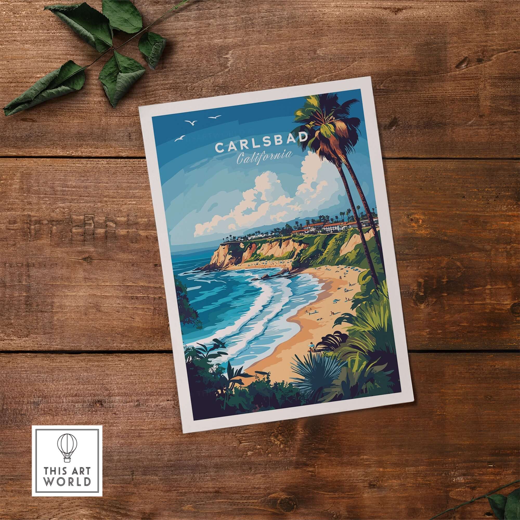 Carlsbad Print California showcasing a coastal view with palm trees and waves on a wooden background.