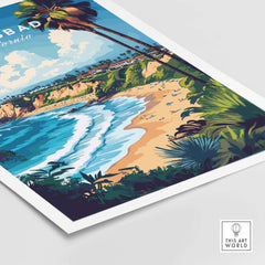 Carlsbad Print California showcasing the coastline, palm trees, and beach views for a serene home or office decor.