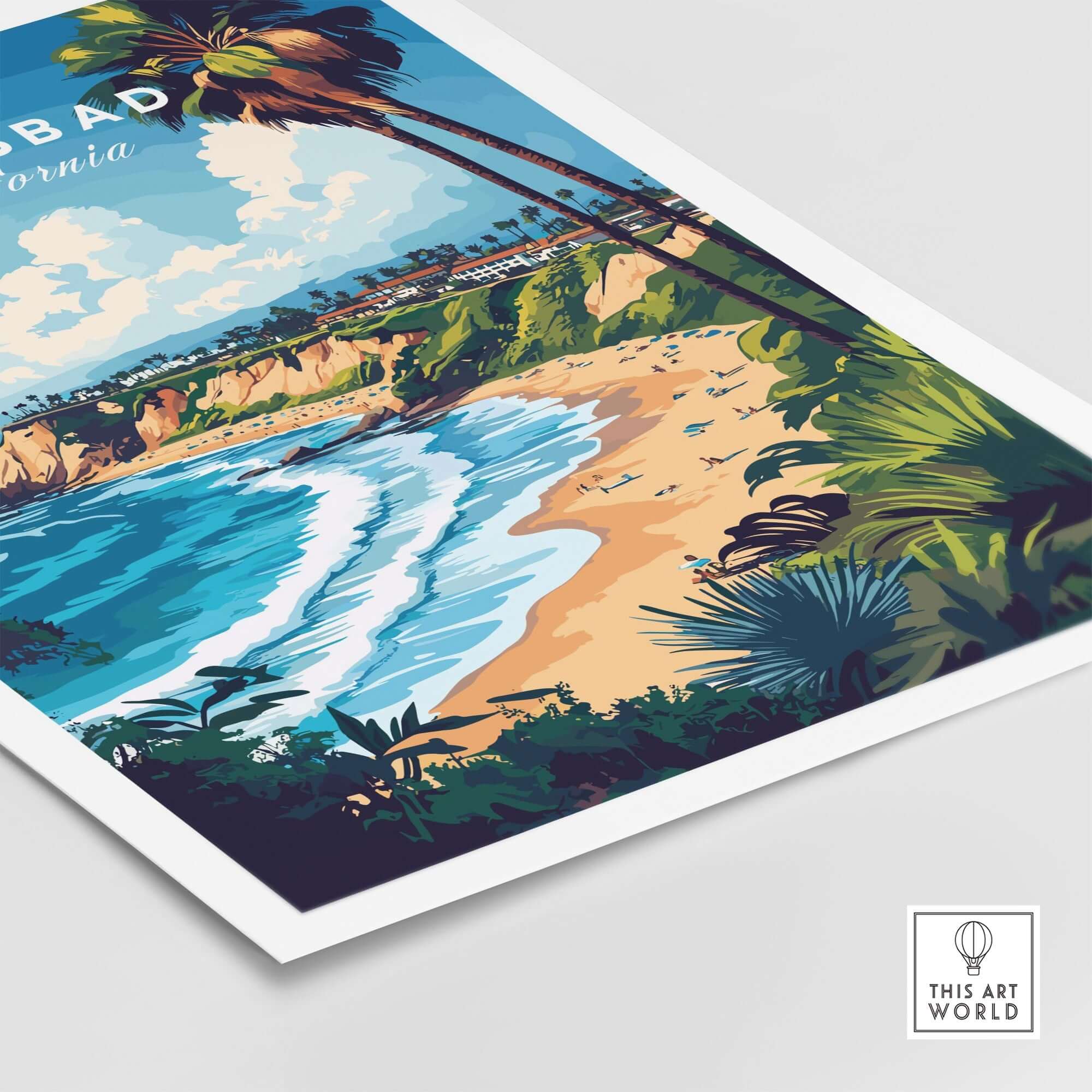 Carlsbad Print California showcasing the coastline, palm trees, and beach views for a serene home or office decor.
