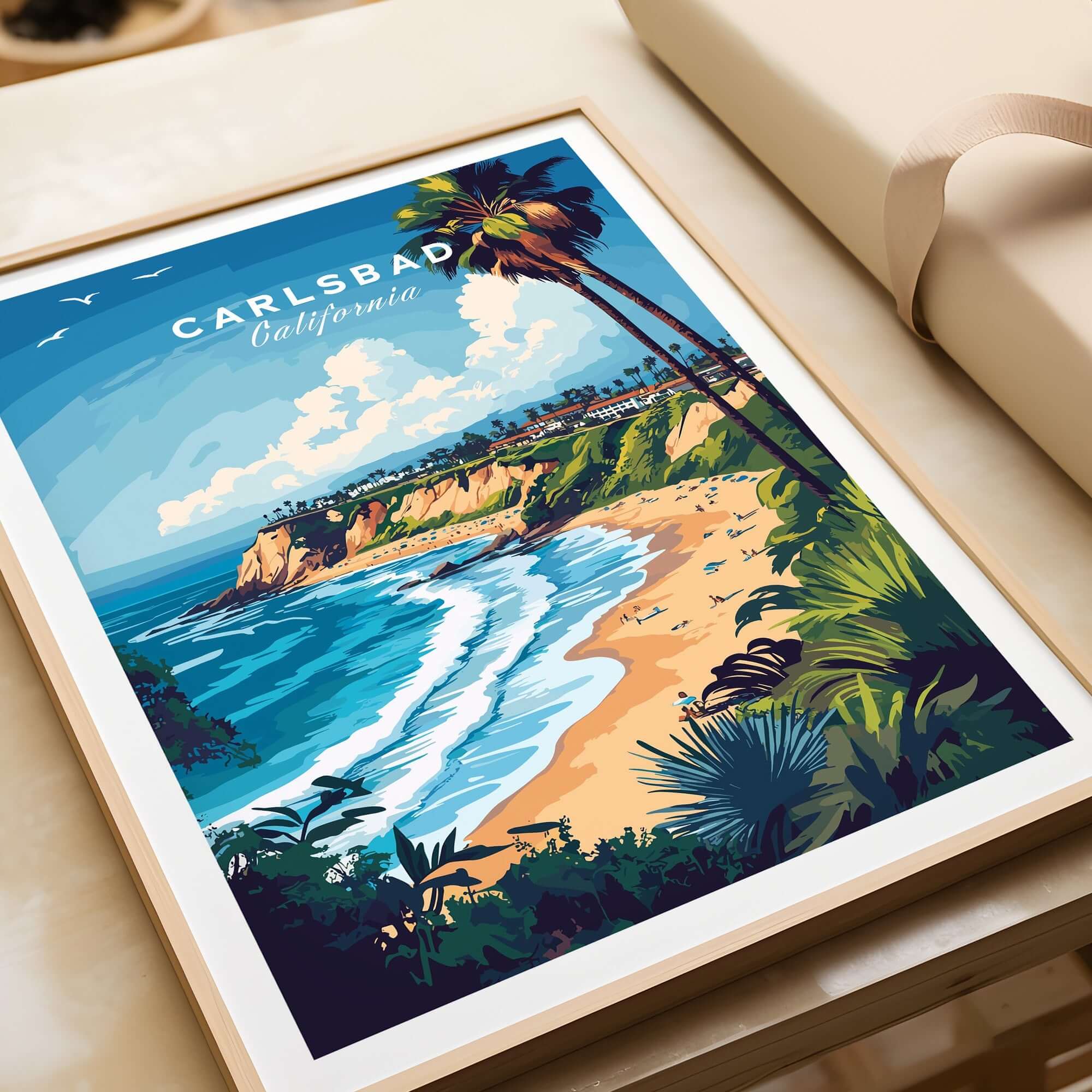 Carlsbad Print California showcasing the coastline with palm trees and ocean waves in vibrant colors.