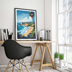 Carlsbad Print California framed print displayed in a stylish office setting showcasing the beautiful Carlsbad coastline.