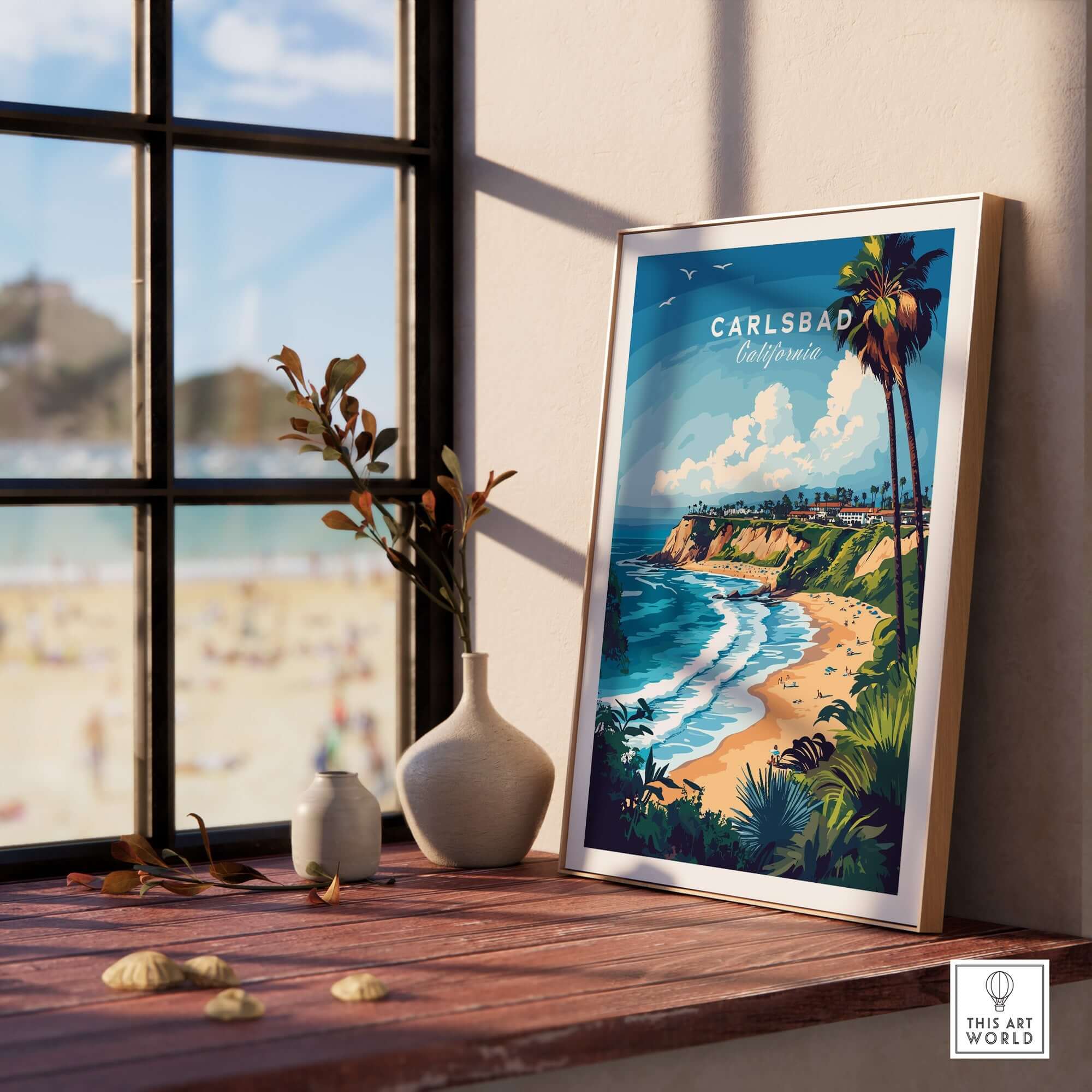 Carlsbad Print California showcasing the California coastline from a window view with a beach scene.