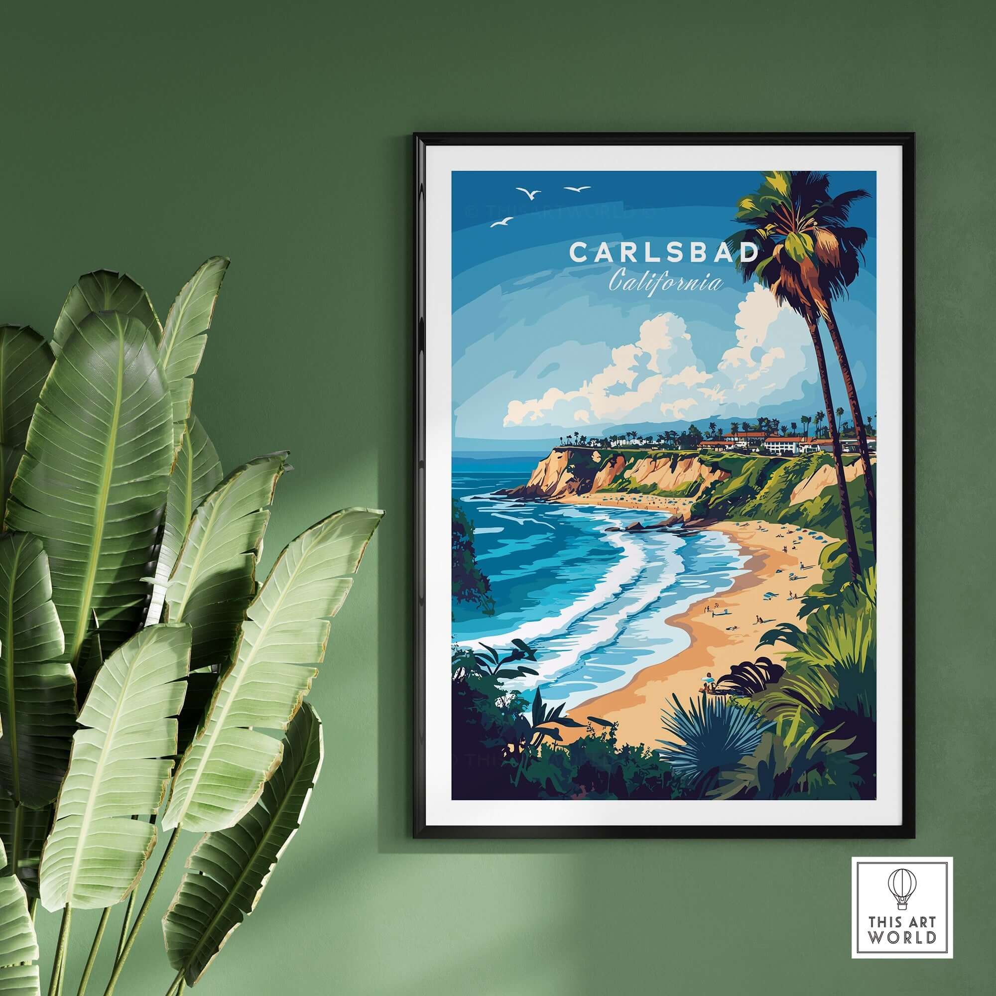Carlsbad Print California framed print showcasing the beautiful Carlsbad coastline and palm trees on a green wall.