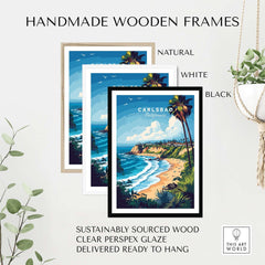Handmade wooden frames for Carlsbad Print California, featuring natural, white, and black options.