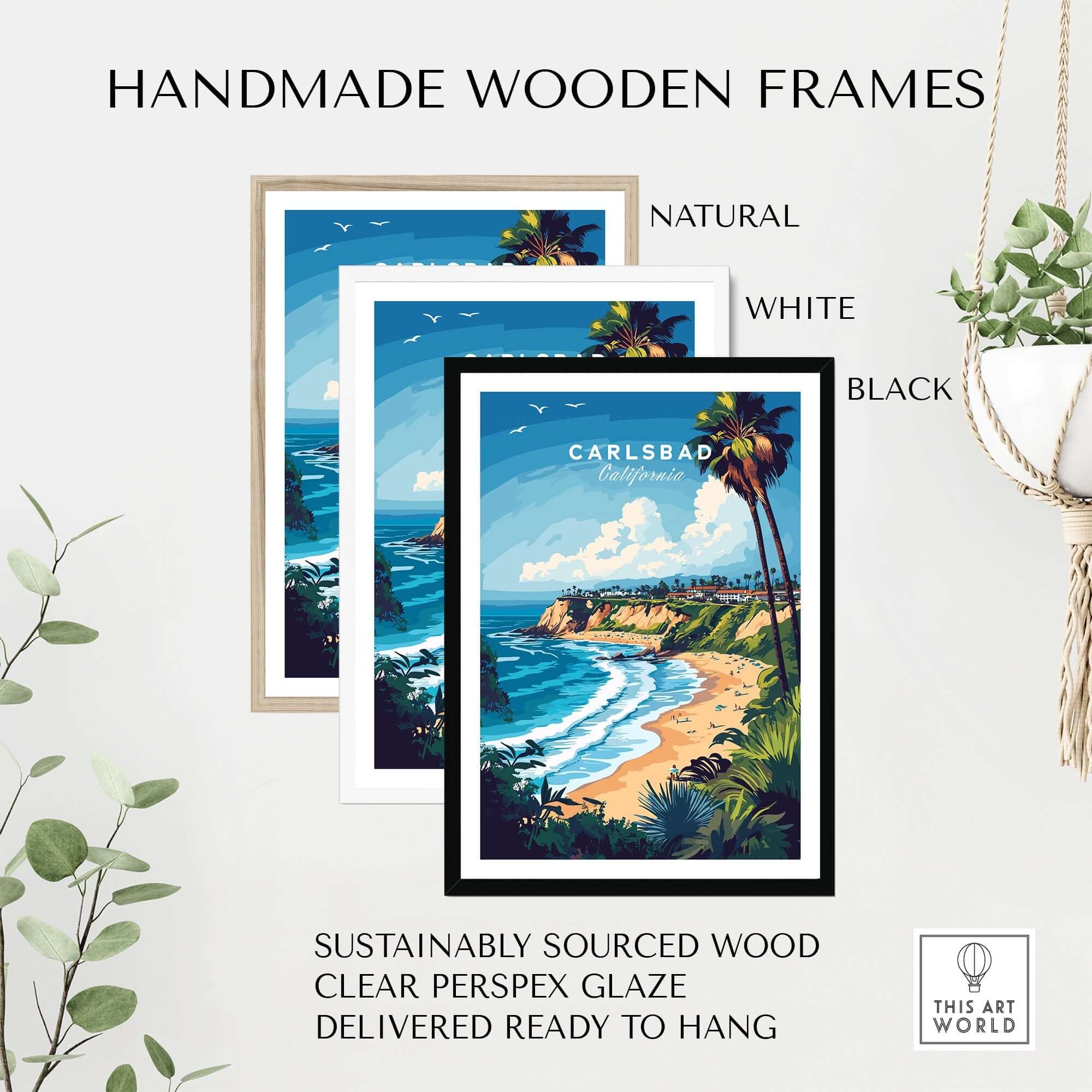 Handmade wooden frames for Carlsbad Print California, featuring natural, white, and black options.