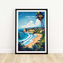 A vibrant Carlsbad Print California showcasing the stunning Carlsbad coastline and palm trees.