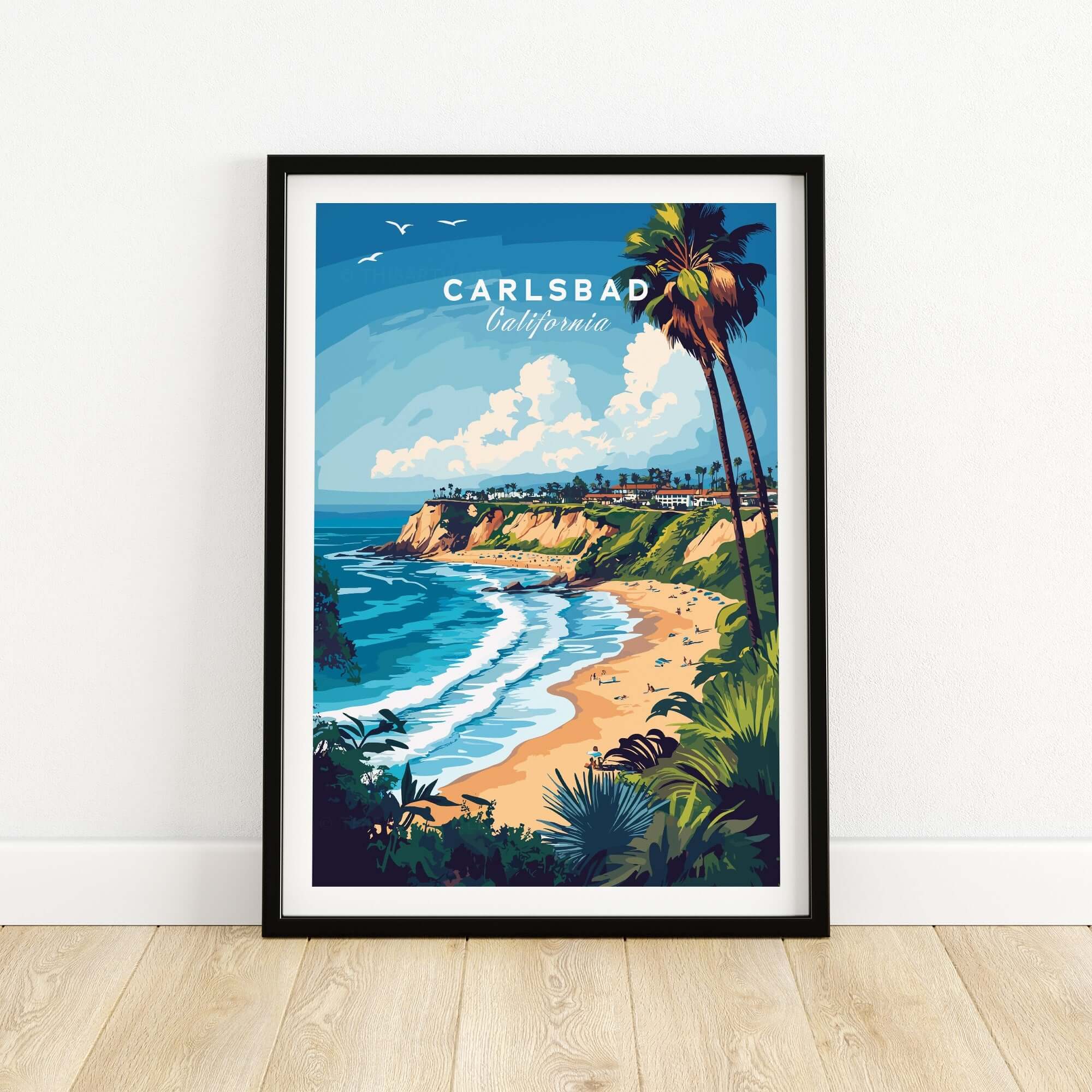 A vibrant Carlsbad Print California showcasing the stunning Carlsbad coastline and palm trees.