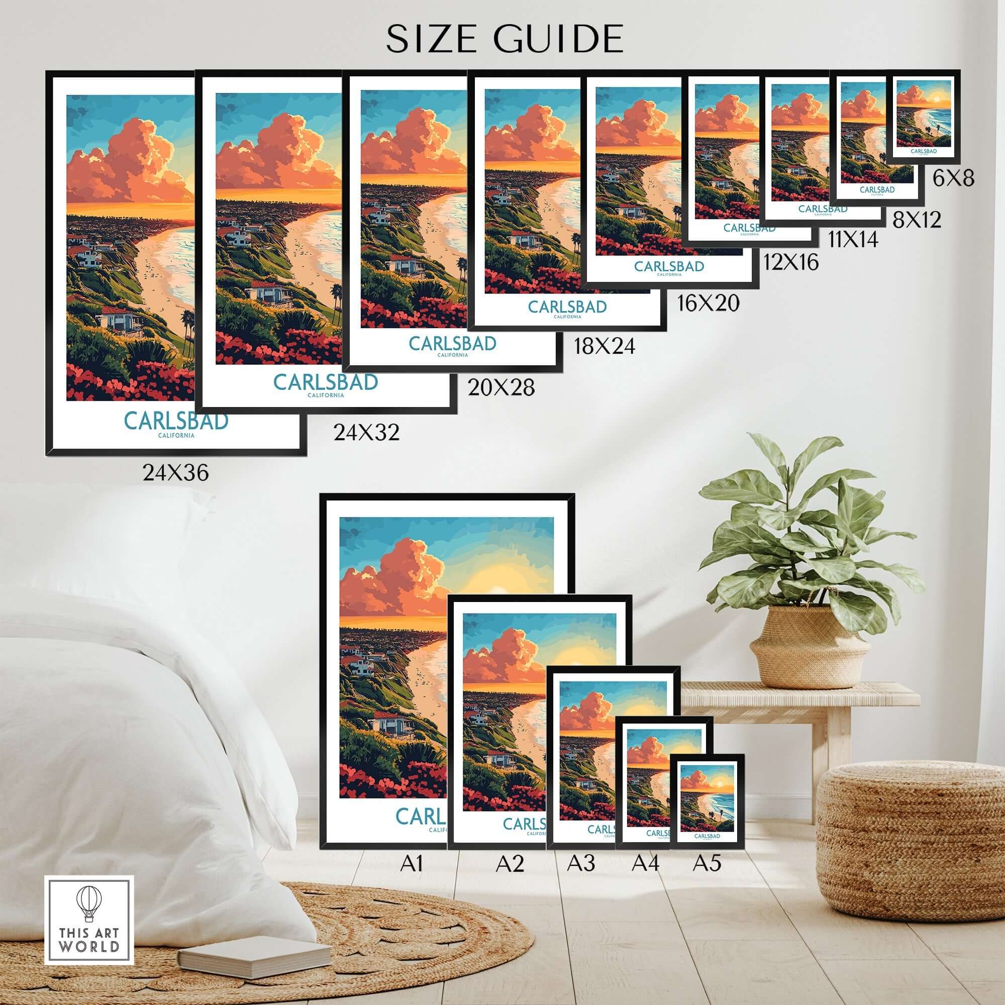 Size guide for Carlsbad Travel Poster in various dimensions and displays in a home setting.