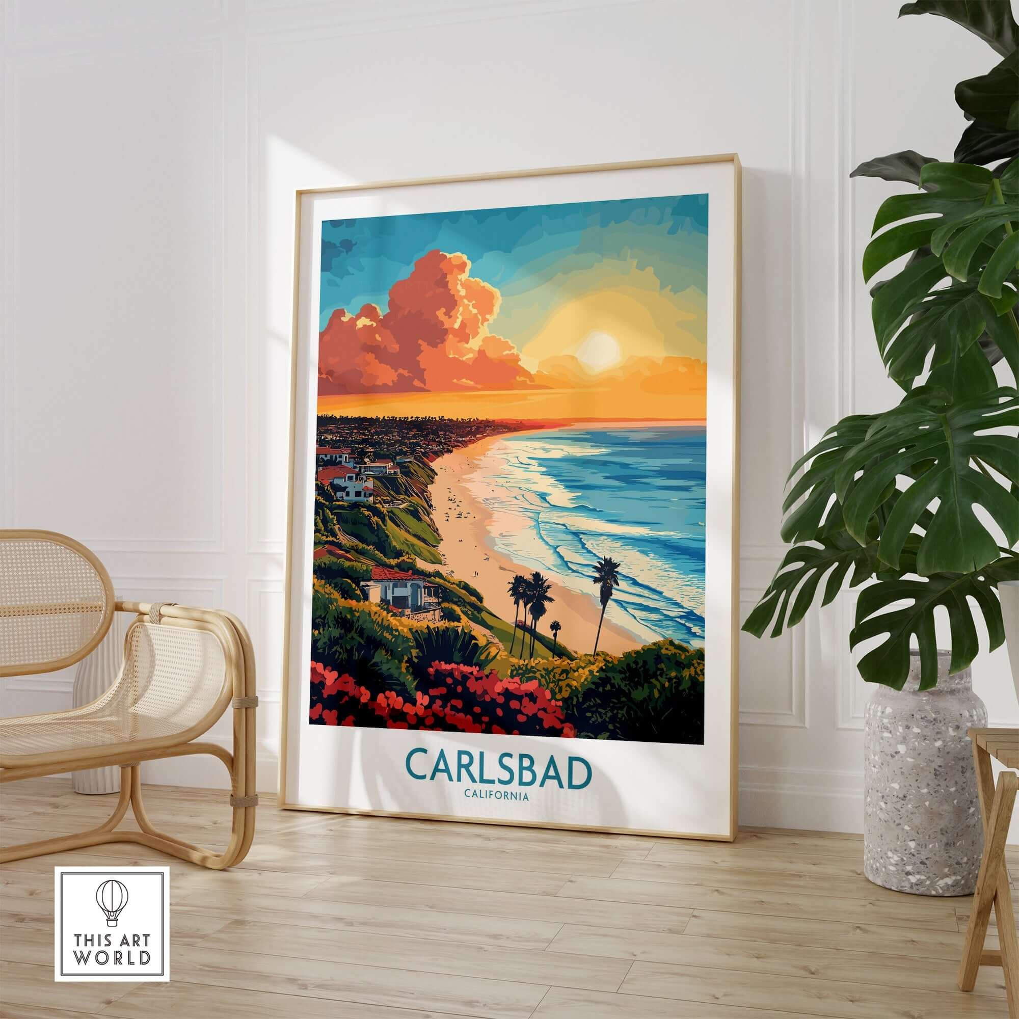 Carlsbad Travel Poster showcasing stunning coastal scenery and vibrant colors, perfect for travel enthusiasts.