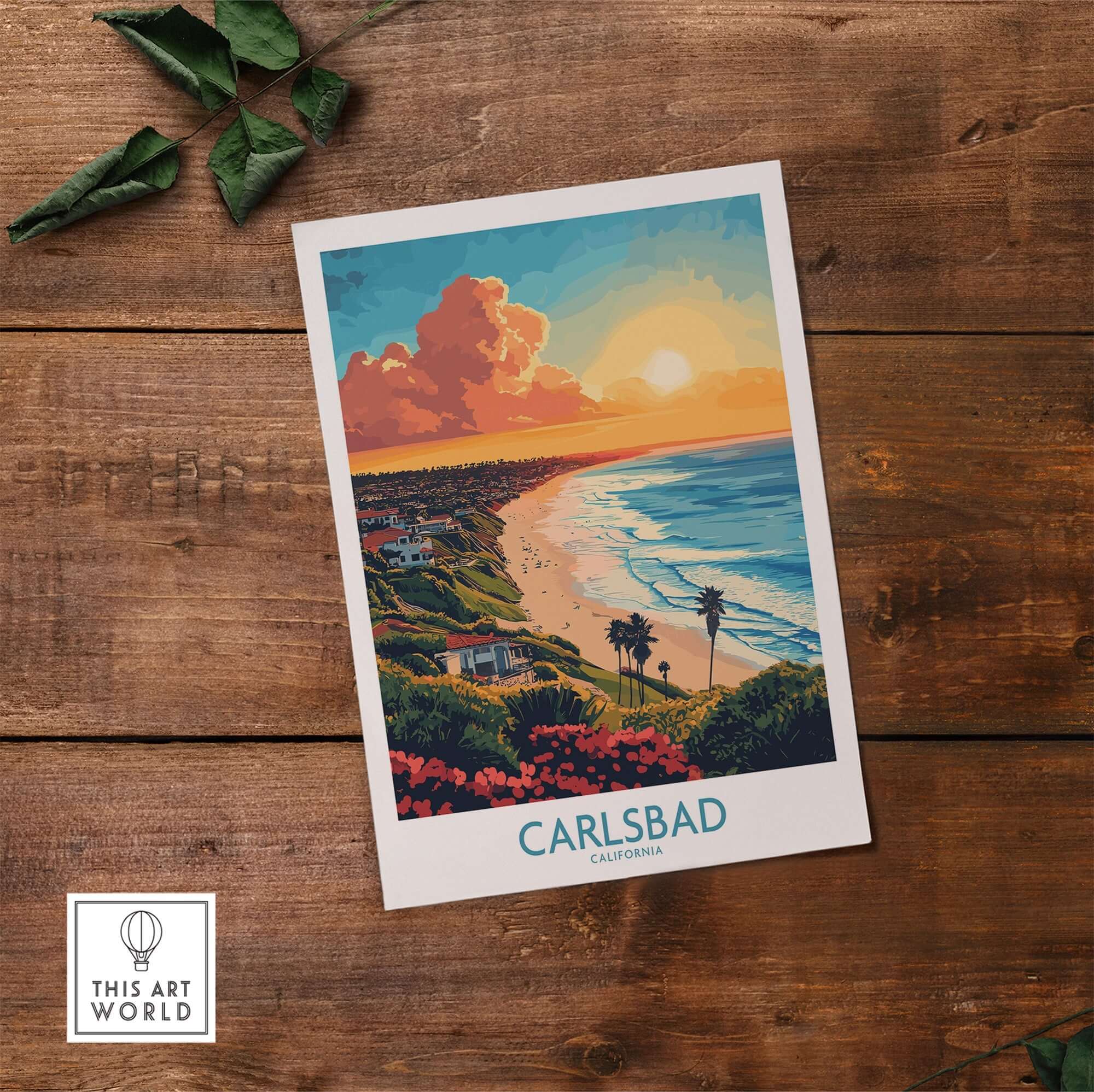 Carlsbad Travel Poster showcasing stunning coastal views and vibrant colors of Carlsbad, California.