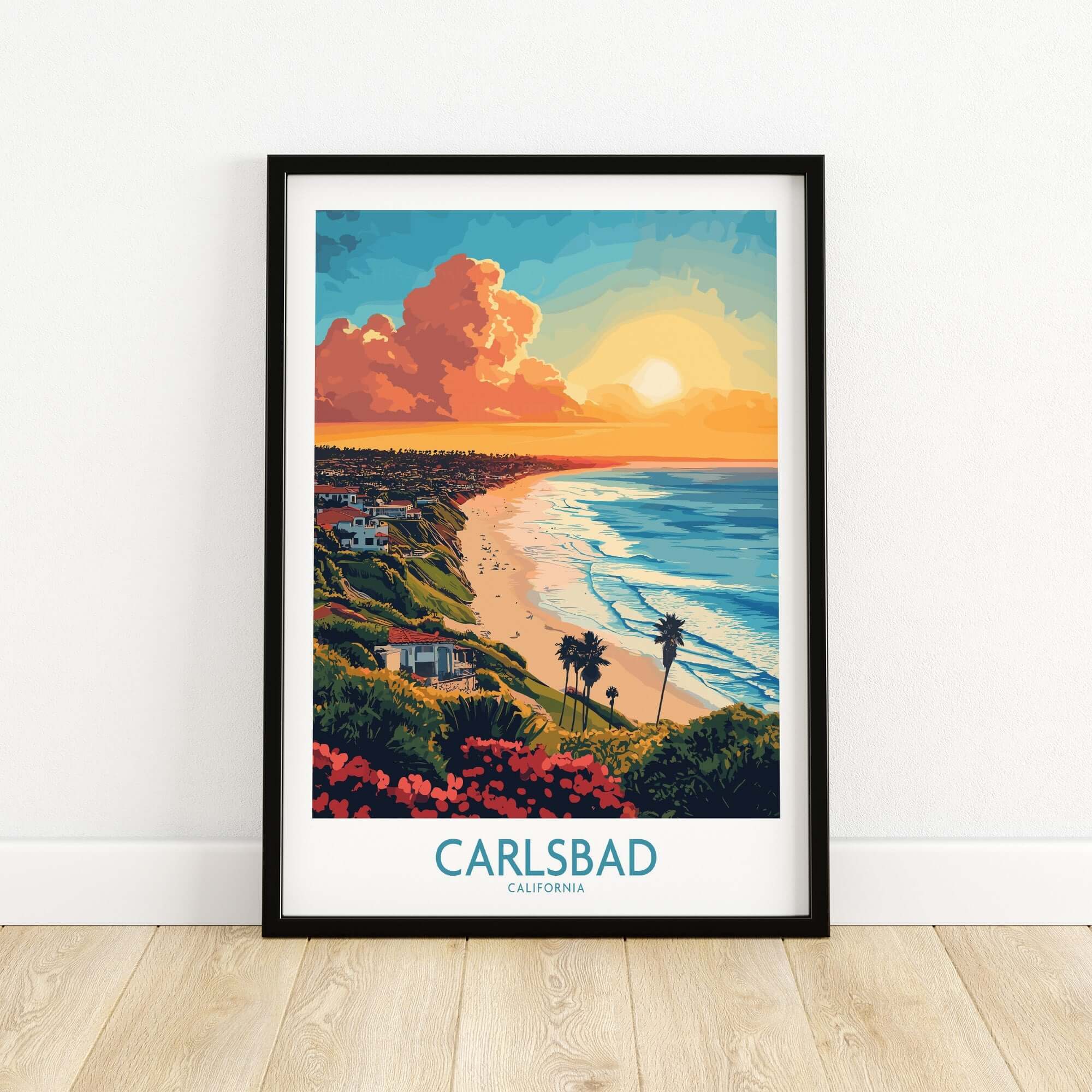 Carlsbad Travel Poster showcasing a vibrant beach sunset and coastal scenery of California.