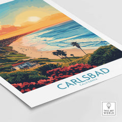 Carlsbad Travel Poster featuring a stunning beach sunset and iconic coastal landmarks of Carlsbad, California.