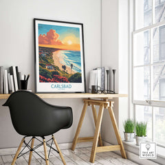 Carlsbad Travel Poster displayed in a modern room with a black chair and plants, showcasing the beauty of Carlsbad.