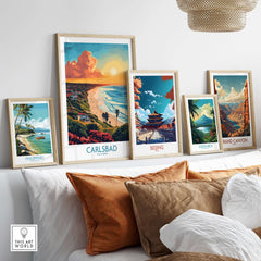 Carlsbad Travel Poster displayed among other travel posters, showcasing iconic landscapes and vibrant colors.