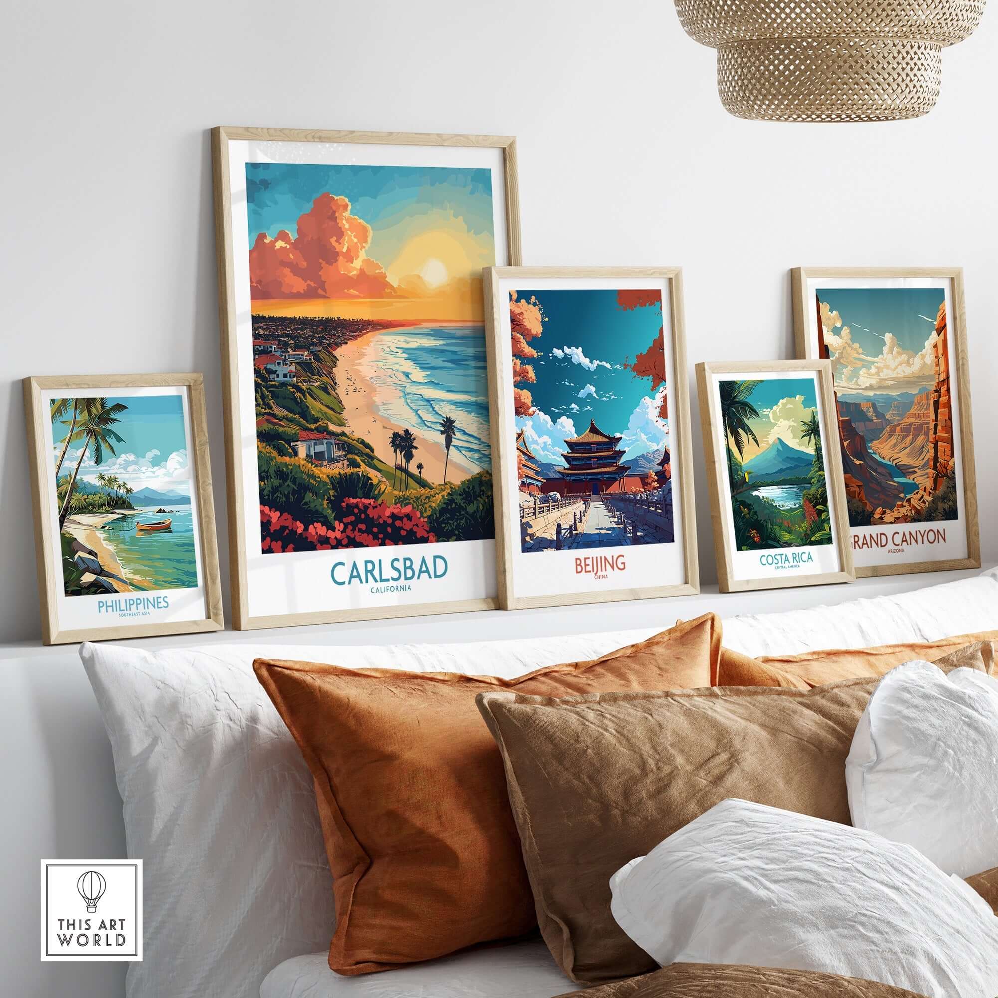 Carlsbad Travel Poster displayed among other travel posters, showcasing iconic landscapes and vibrant colors.