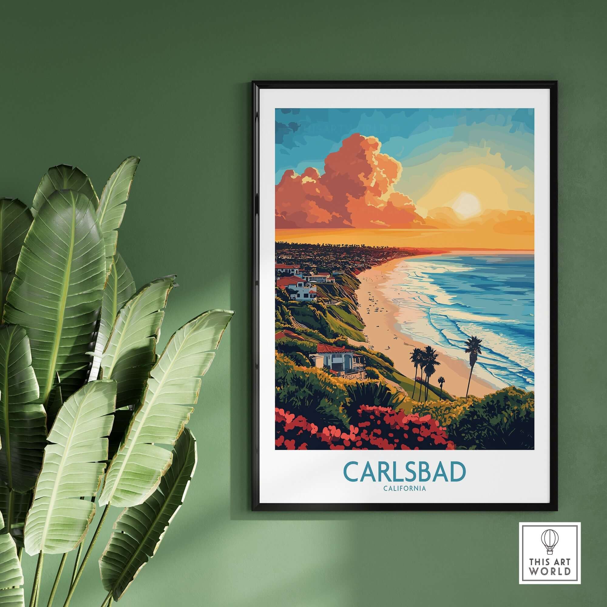 Carlsbad Travel Poster featuring vibrant colors and iconic coastal landscape of Carlsbad, California.