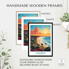 Handmade wooden frames for Carlsbad Travel Poster in natural, white, and black finishes, ready to hang.