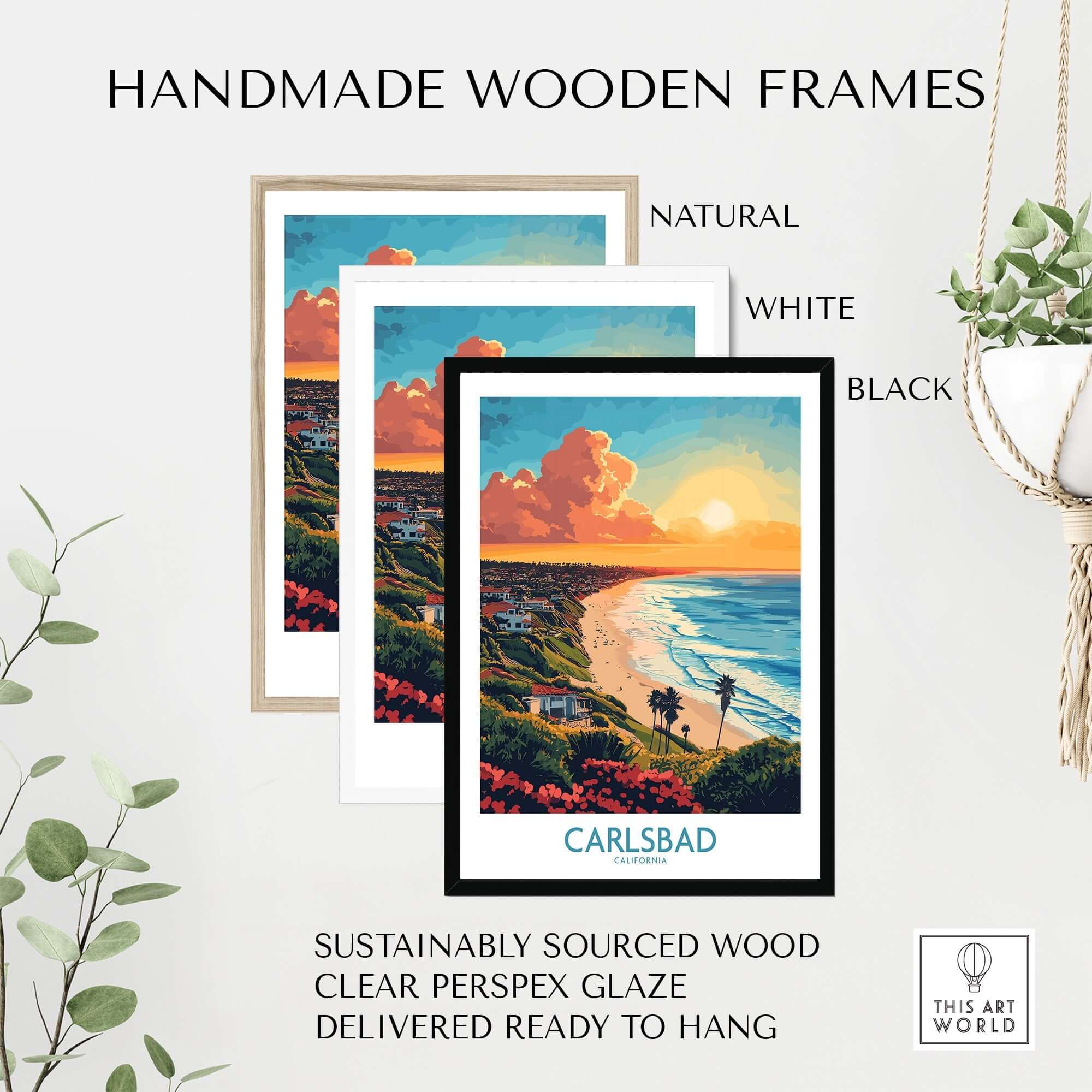 Handmade wooden frames for Carlsbad Travel Poster in natural, white, and black finishes, ready to hang.