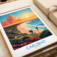 Carlsbad Travel Poster featuring stunning colors and iconic landmarks of Carlsbad, California.