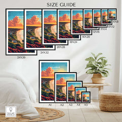 Carlsbad Travel Print size guide featuring various frame options and display ideas in a home setting.