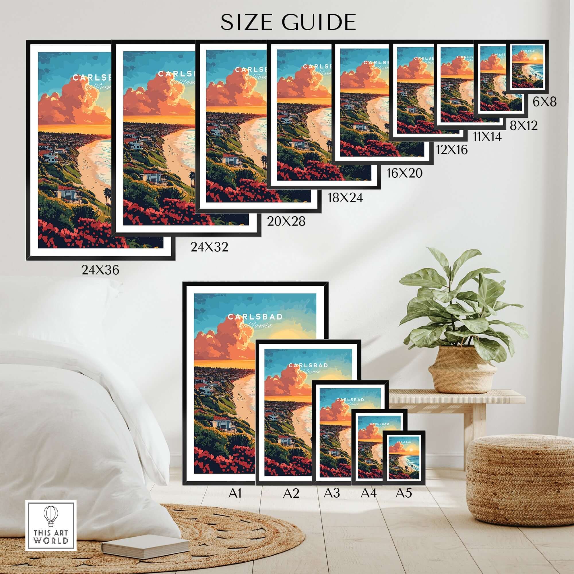 Carlsbad Travel Print size guide featuring various frame options and display ideas in a home setting.