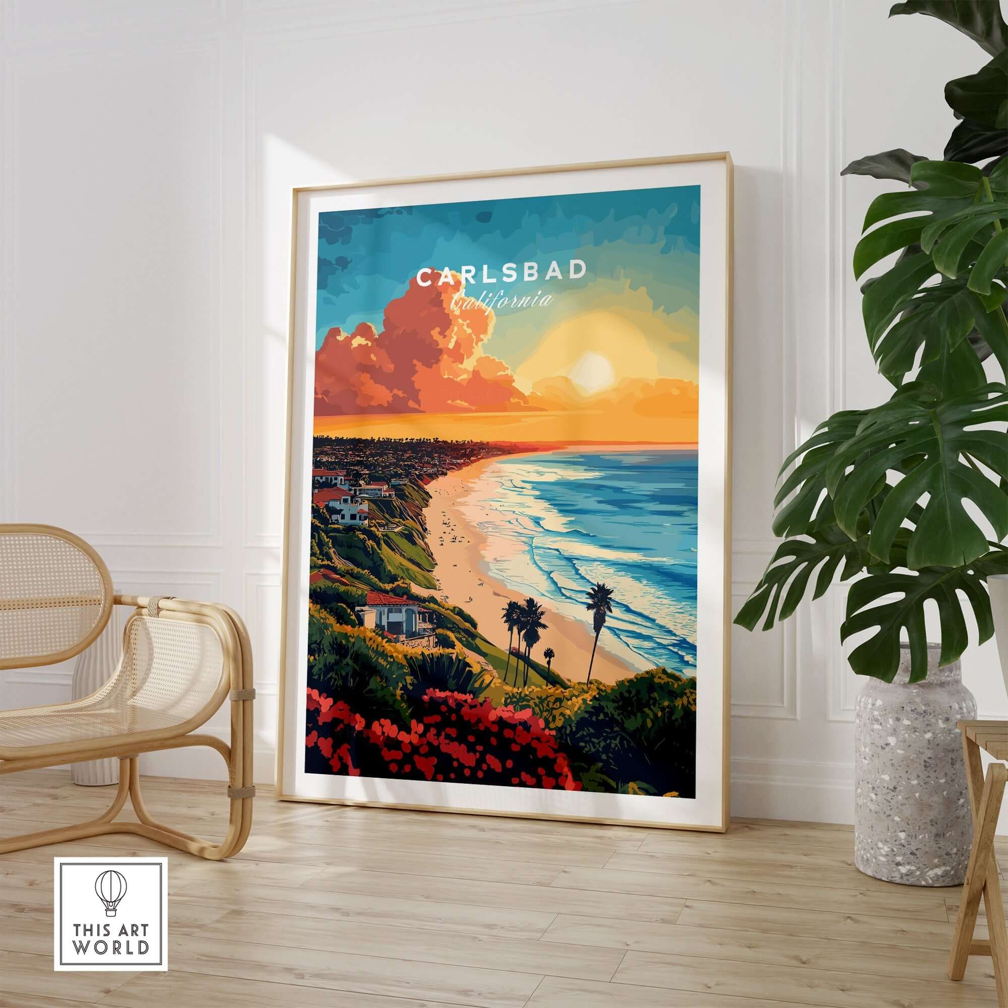 Carlsbad Travel Print showcasing vibrant coastal scenery and stunning sunset over Carlsbad, California.
