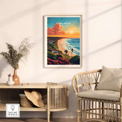 Carlsbad Travel Print showcasing vibrant coastal landscape and sunset near residential decor.