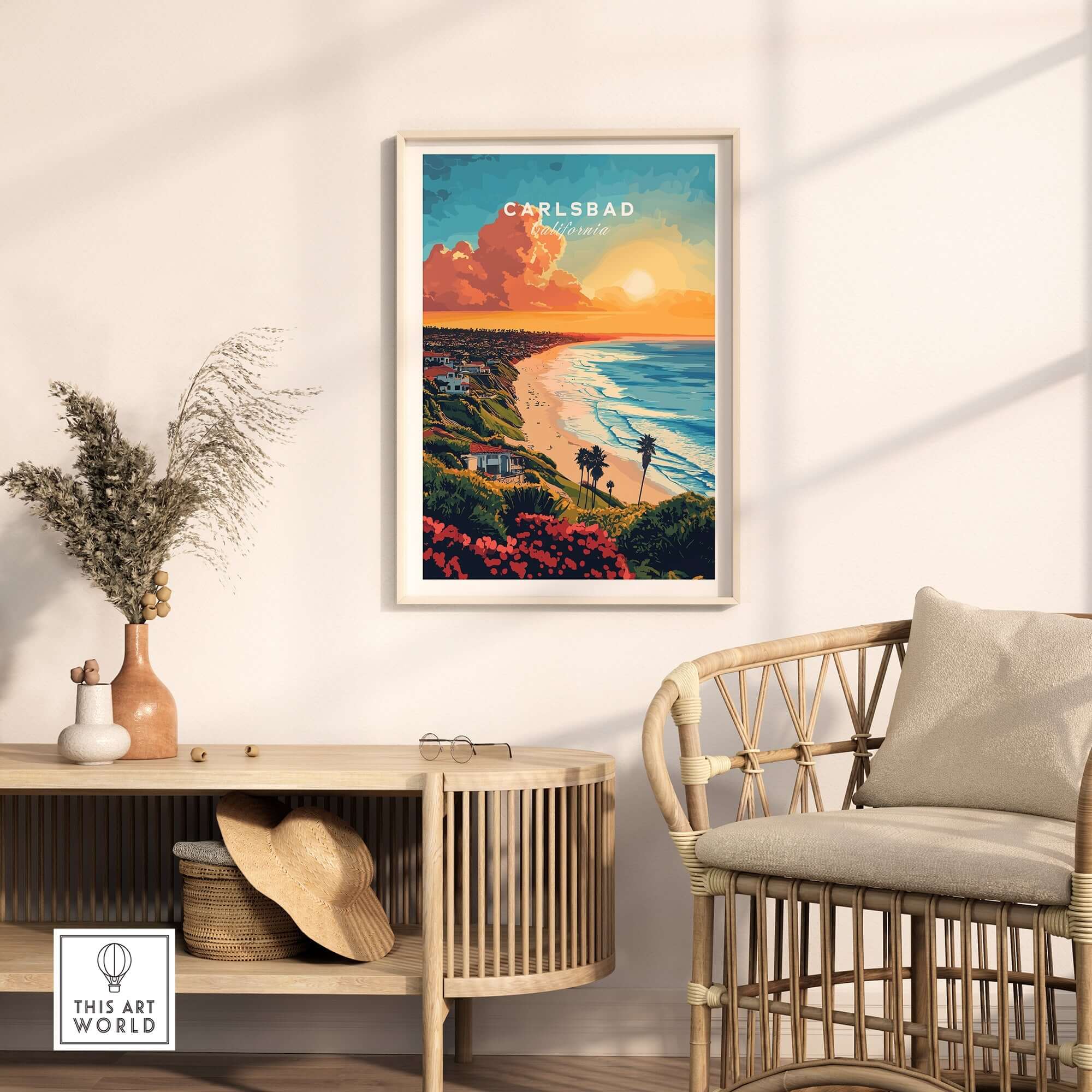 Carlsbad Travel Print showcasing vibrant coastal landscape and sunset near residential decor.