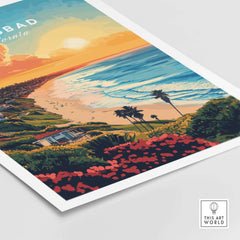 Carlsbad Travel Print showcasing the vibrant coastal view and sunset over the ocean in Carlsbad, California.