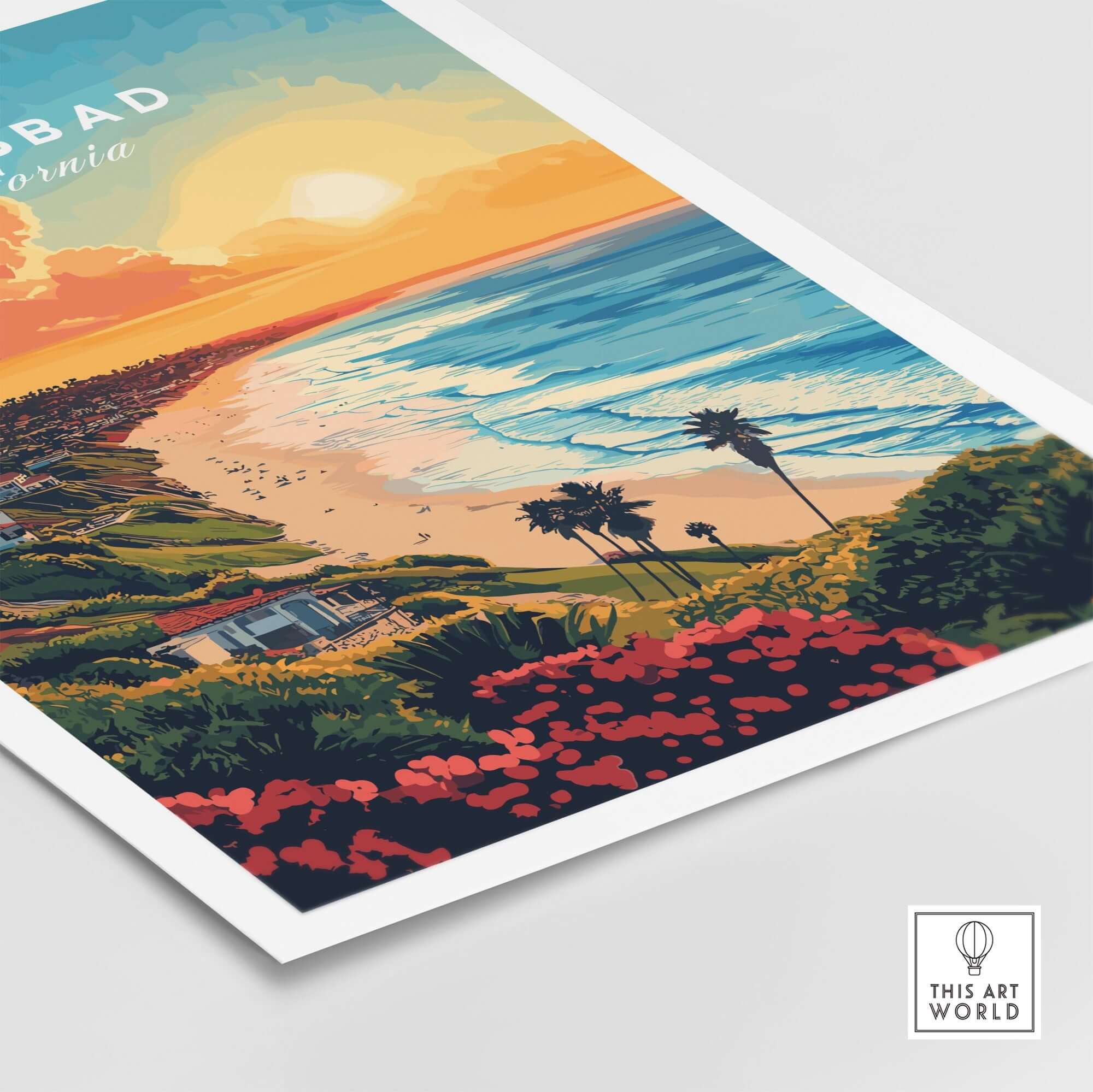 Carlsbad Travel Print showcasing the vibrant coastal view and sunset over the ocean in Carlsbad, California.