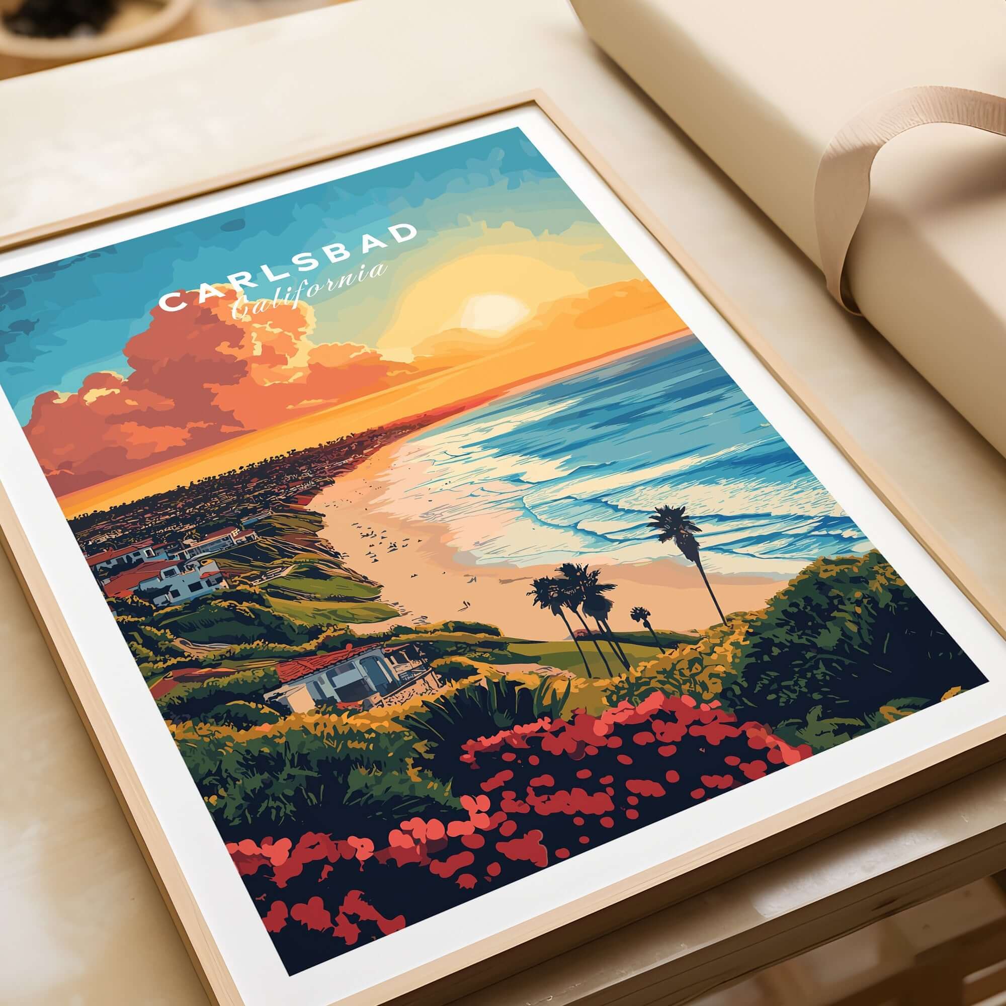 Carlsbad Travel Print showcasing the stunning coastline and vibrant sunset of Carlsbad, California.