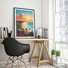 Carlsbad Travel Print showcased in a stylish office setting, featuring coastal views and vibrant colors.