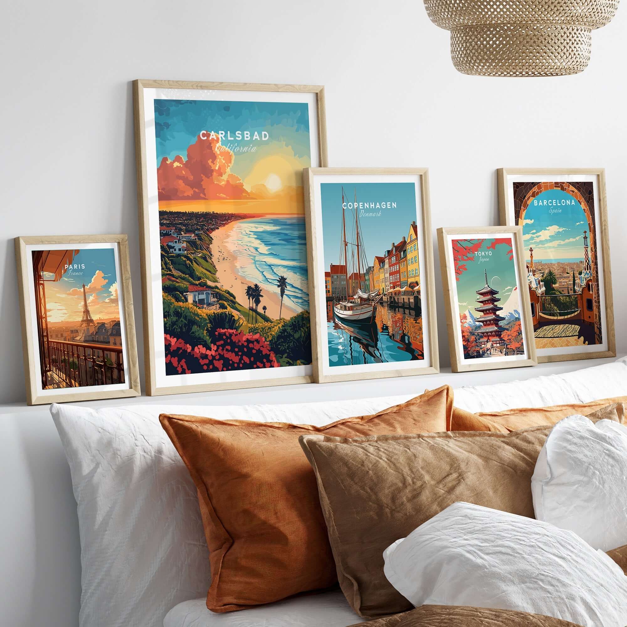 Carlsbad Travel Print featuring vibrant coastal scenery and iconic landmarks, perfect for home decor inspiration.