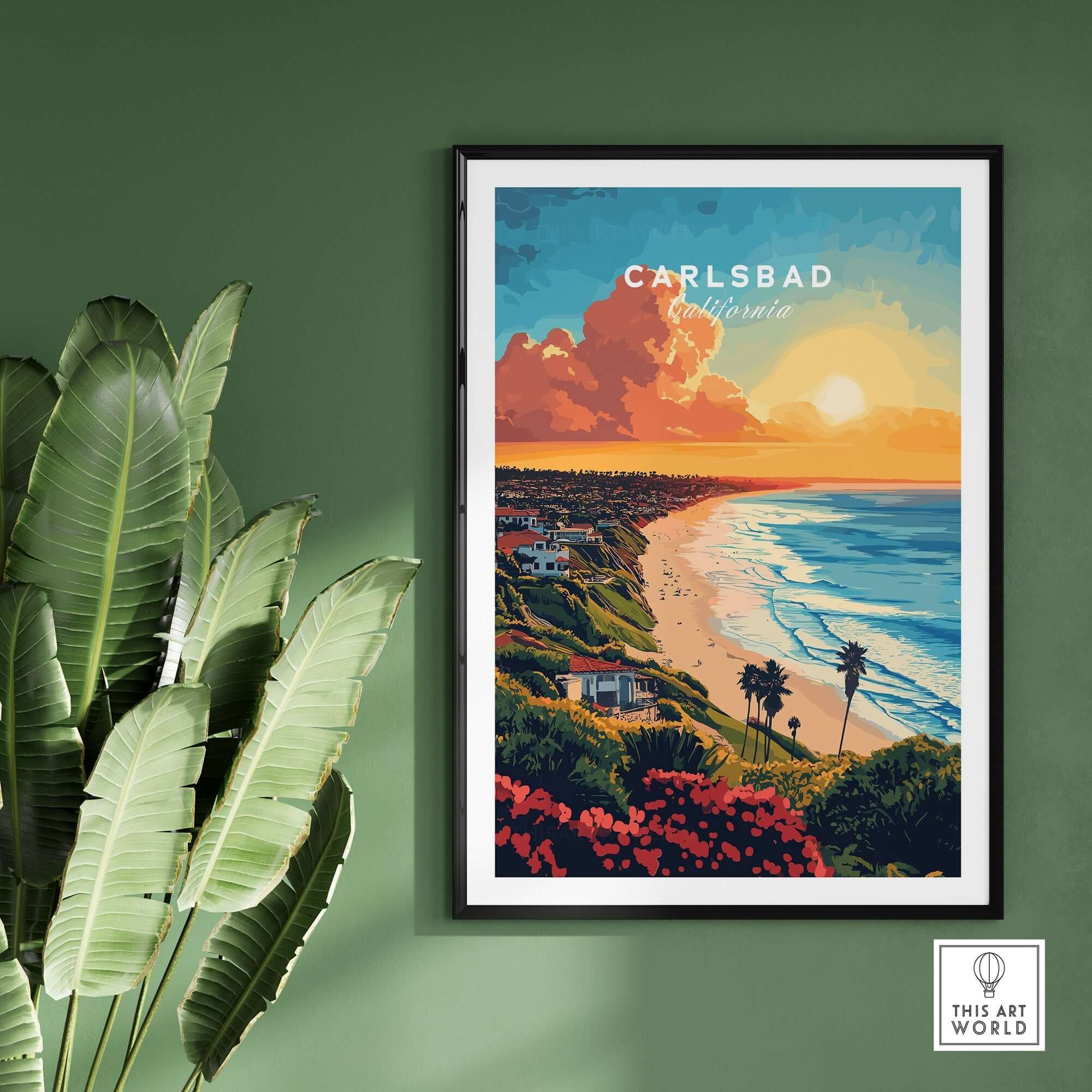 Carlsbad Travel Print showcasing the iconic coastline and sunset hues of Carlsbad, California, perfect for inspiring wanderlust.