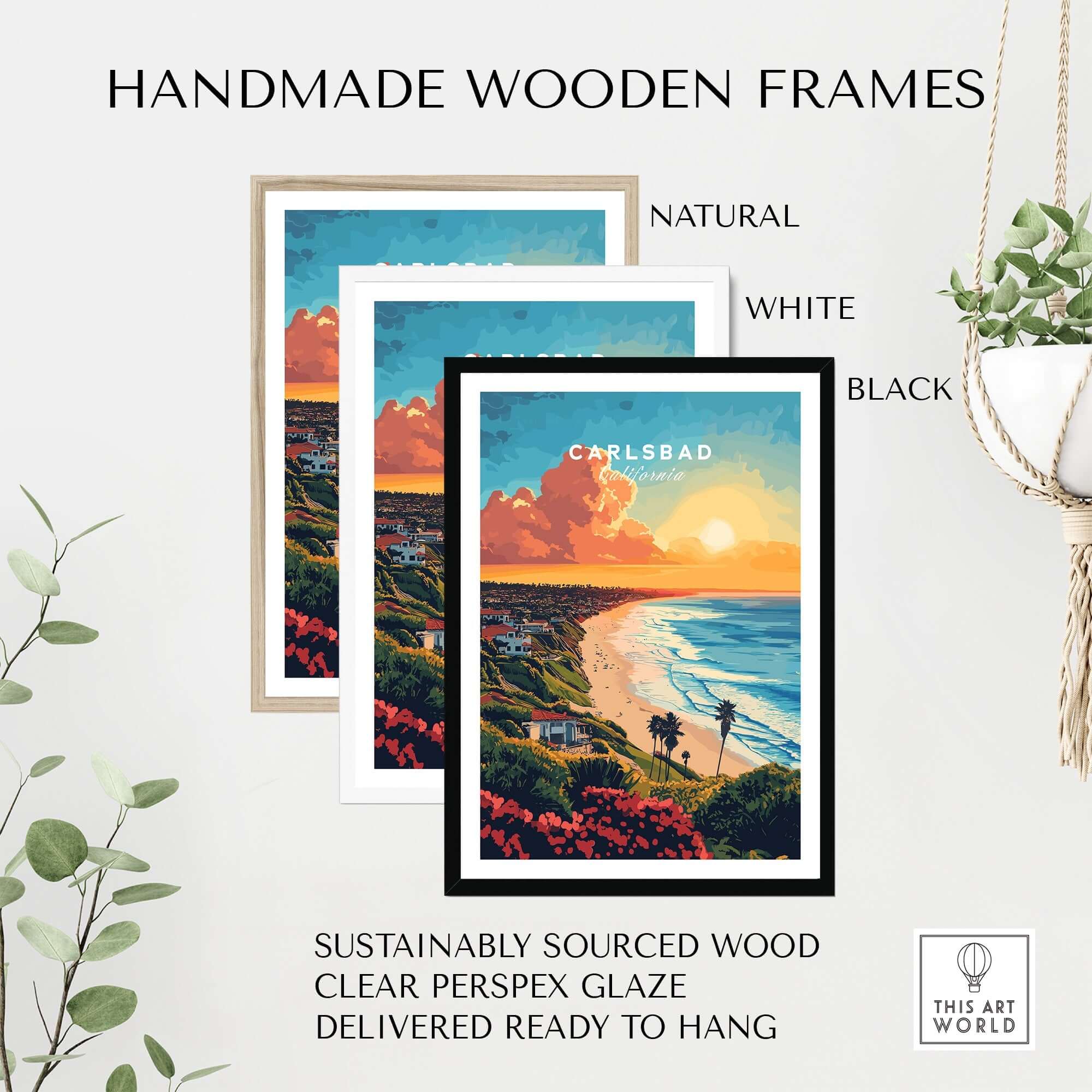 Carlsbad Travel Print displayed in handmade wooden frames available in natural, white, and black.