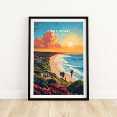 Carlsbad Travel Print showcasing a vibrant beach sunset and coastal landmarks in California.