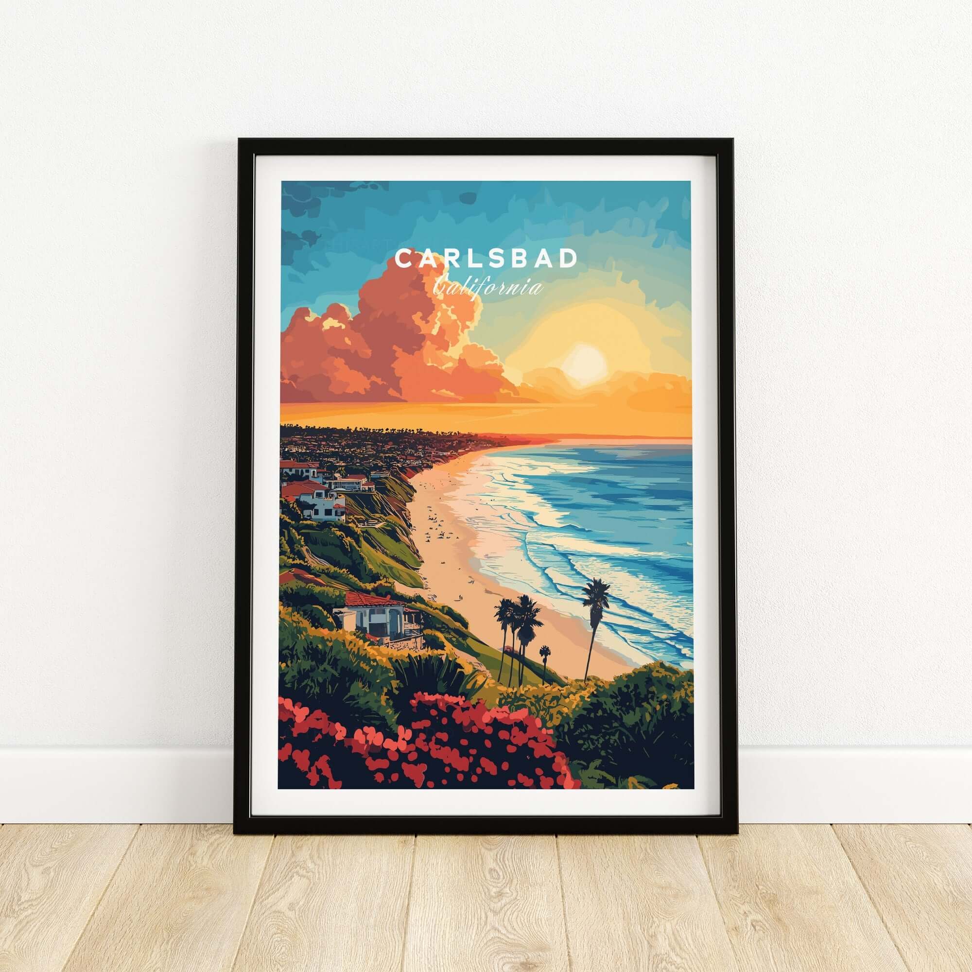 Carlsbad Travel Print showcasing a vibrant beach sunset and coastal landmarks in California.