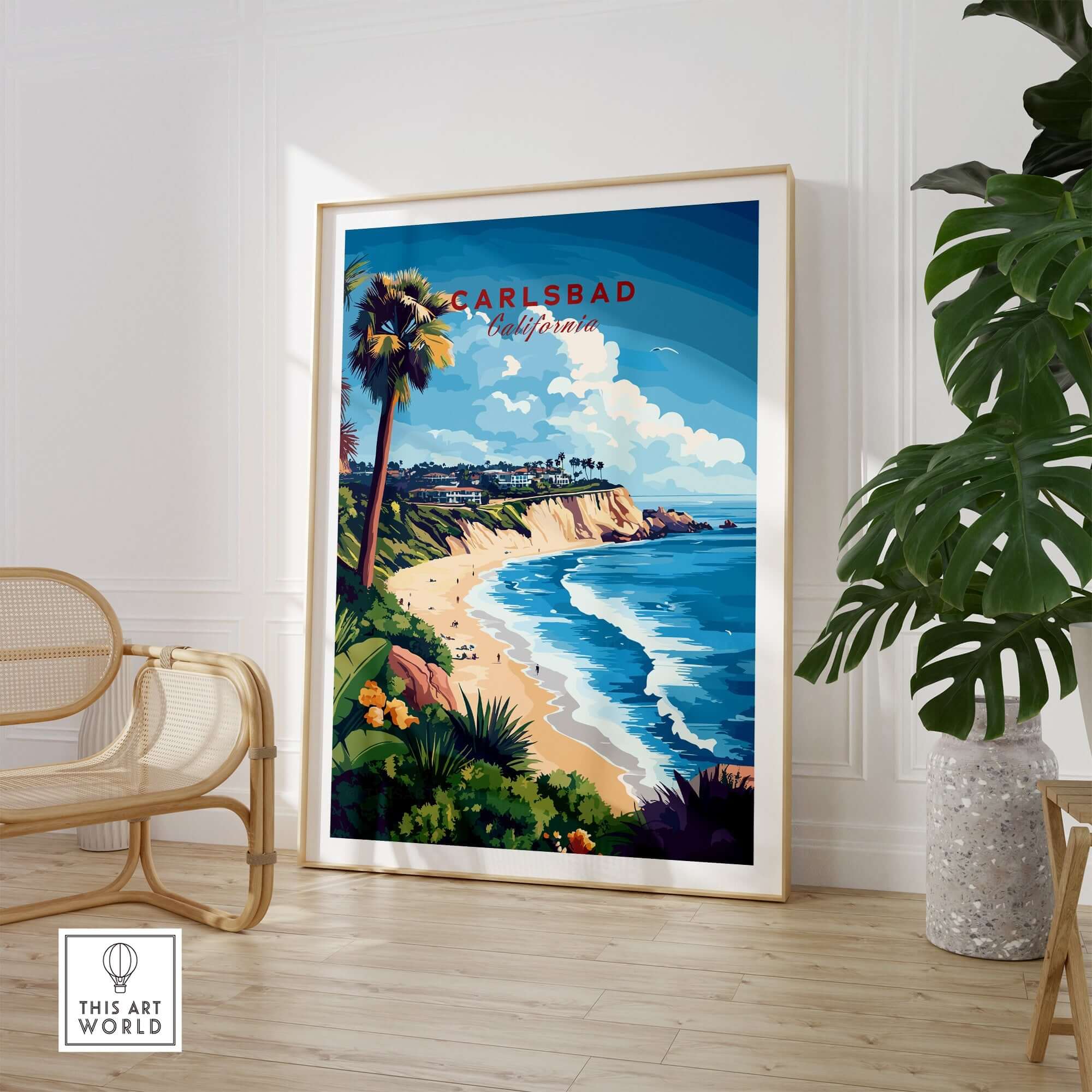 Carlsbad Wall Art featuring a vibrant coastal scene from California, displayed in a stylish interior.