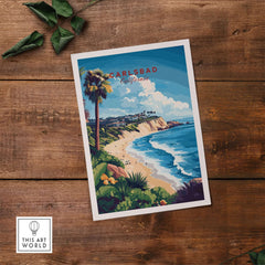 Carlsbad Wall Art featuring a vibrant coastal scene of California with palm trees and ocean waves.
