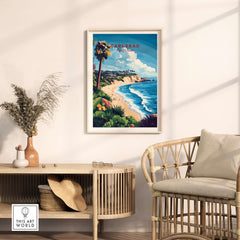 Carlsbad Wall Art displayed in a stylish living room setting with coastal views and tropical decor.